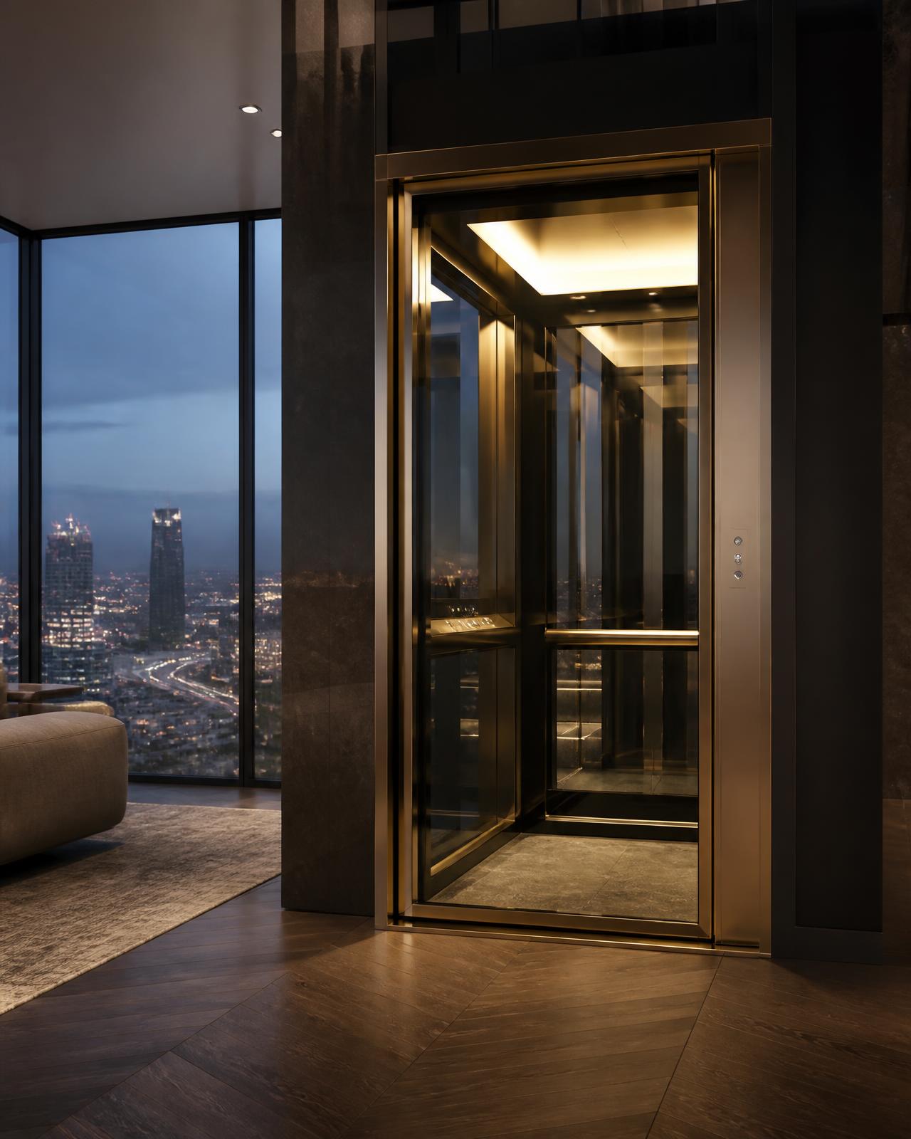 Penthouse home lift with custom glass cabin and gold trim