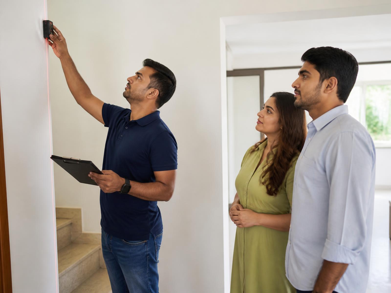 ICARE engineer measuring a stairwell during a free home lift site visit in Mumbai